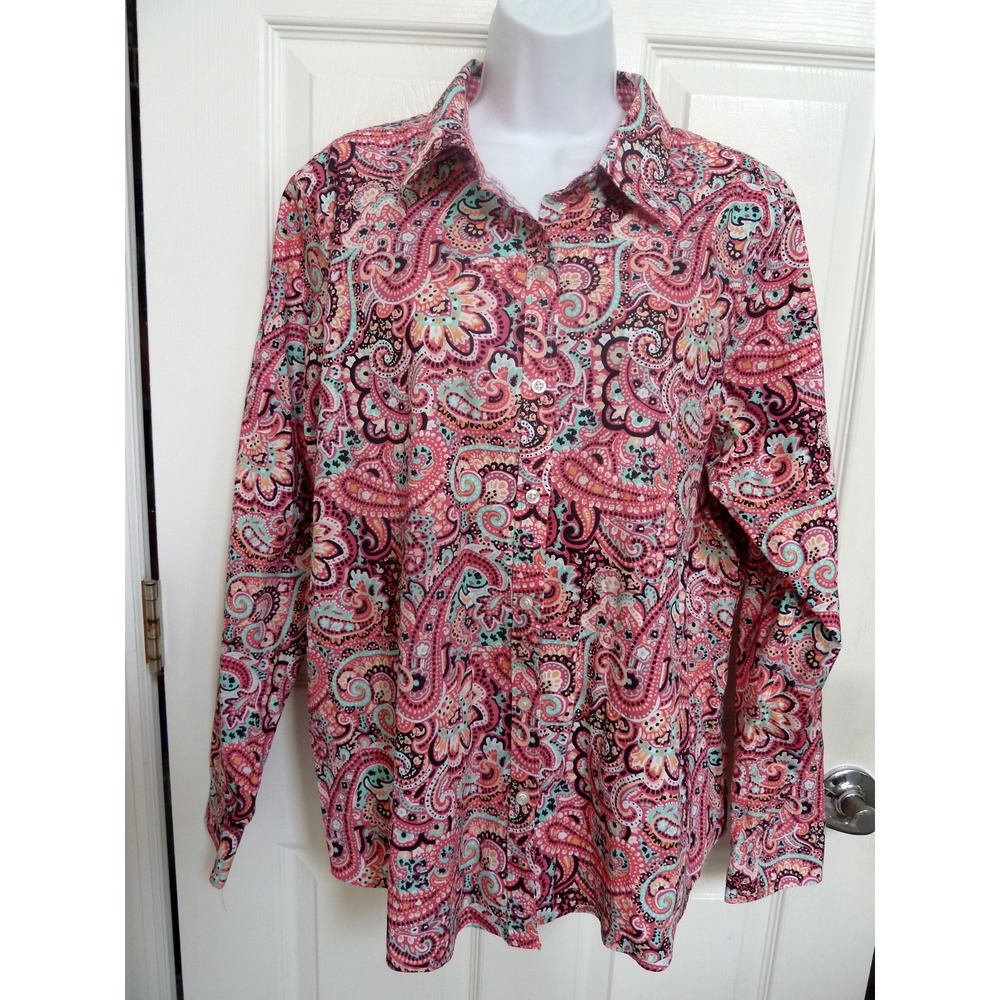 Kim Rogers XL 16/18 No-Iron Button Up Blouse Artsy Colorful Cotton Paisley